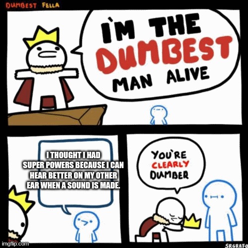 I'm the dumbest man alive | I THOUGHT I HAD SUPER POWERS BECAUSE I CAN HEAR BETTER ON MY OTHER EAR WHEN A SOUND IS MADE. | image tagged in i'm the dumbest man alive | made w/ Imgflip meme maker