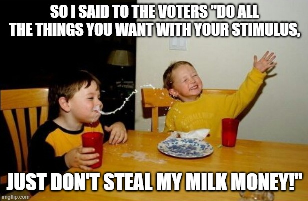 Yo Mamas So Fat Meme | SO I SAID TO THE VOTERS "DO ALL THE THINGS YOU WANT WITH YOUR STIMULUS, JUST DON'T STEAL MY MILK MONEY!" | image tagged in memes,yo mamas so fat | made w/ Imgflip meme maker