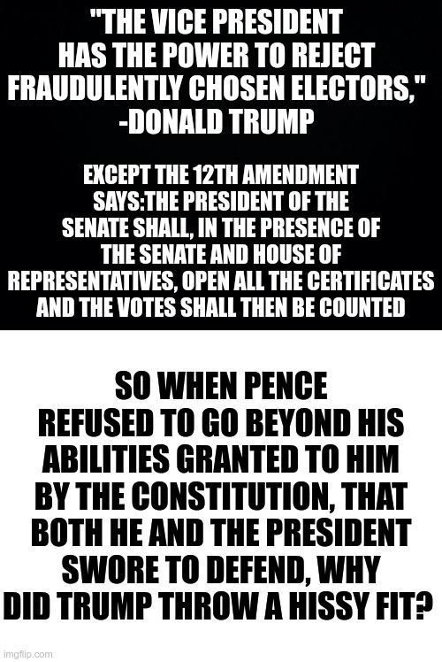 Trump doesn't care about protecting the Constitution. He is a liar. And he always will be. | "THE VICE PRESIDENT HAS THE POWER TO REJECT FRAUDULENTLY CHOSEN ELECTORS,"
-DONALD TRUMP; EXCEPT THE 12TH AMENDMENT SAYS:THE PRESIDENT OF THE SENATE SHALL, IN THE PRESENCE OF THE SENATE AND HOUSE OF REPRESENTATIVES, OPEN ALL THE CERTIFICATES AND THE VOTES SHALL THEN BE COUNTED; SO WHEN PENCE REFUSED TO GO BEYOND HIS ABILITIES GRANTED TO HIM BY THE CONSTITUTION, THAT BOTH HE AND THE PRESIDENT SWORE TO DEFEND, WHY DID TRUMP THROW A HISSY FIT? | image tagged in black background,blank white template,12th amendment,trump needs to be stopped | made w/ Imgflip meme maker