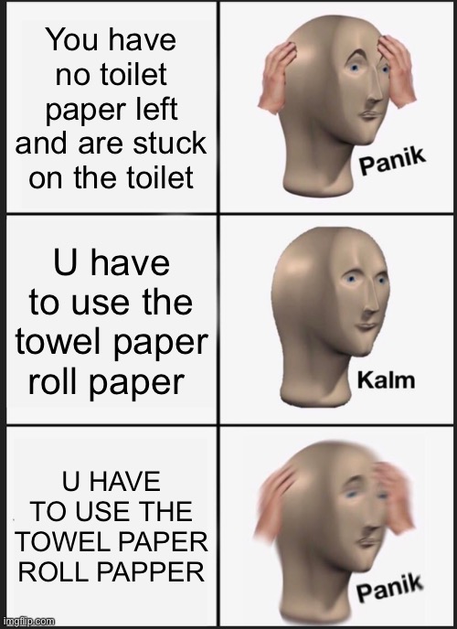 Panik Kalm Panik | You have no toilet paper left and are stuck on the toilet; U have to use the towel paper roll paper; U HAVE TO USE THE TOWEL PAPER ROLL PAPPER | image tagged in memes,panik kalm panik | made w/ Imgflip meme maker