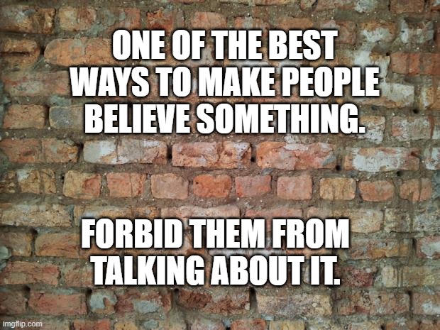 Brick wall | ONE OF THE BEST WAYS TO MAKE PEOPLE BELIEVE SOMETHING. FORBID THEM FROM TALKING ABOUT IT. | image tagged in brick wall | made w/ Imgflip meme maker