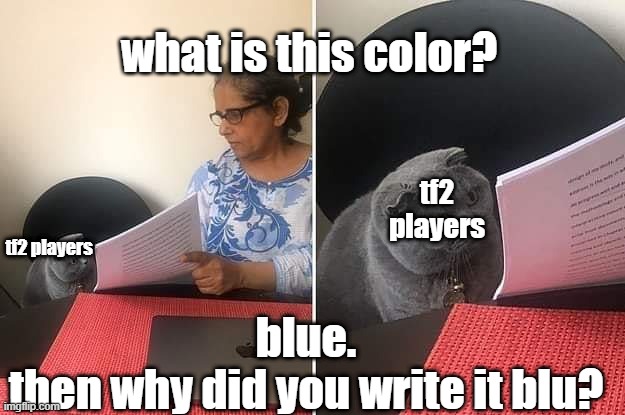 Woman showing paper to cat | what is this color? tf2 players; tf2 players; blue.

then why did you write it blu? | image tagged in woman showing paper to cat | made w/ Imgflip meme maker
