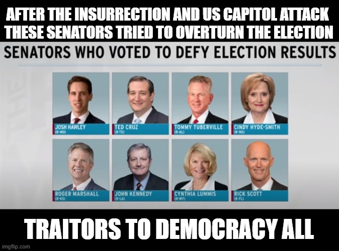 It's Treason Then. Prosecute them for the Crime of Sedition | AFTER THE INSURRECTION AND US CAPITOL ATTACK
 THESE SENATORS TRIED TO OVERTURN THE ELECTION; TRAITORS TO DEMOCRACY ALL | image tagged in traitors,treason,sedition,unpatriotic,anarchist,it is treason then | made w/ Imgflip meme maker