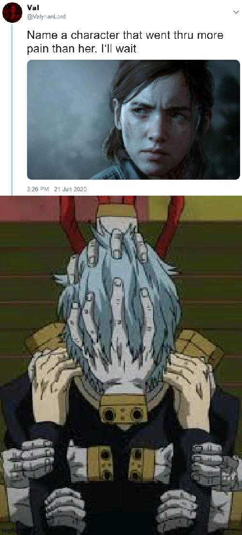 its true E | image tagged in name one character who went through more pain than her,tomura shigaraki | made w/ Imgflip meme maker