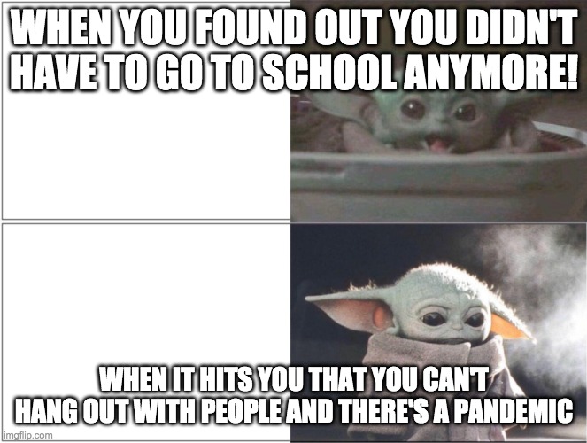 this is going to be awesome- never mind | WHEN YOU FOUND OUT YOU DIDN'T HAVE TO GO TO SCHOOL ANYMORE! WHEN IT HITS YOU THAT YOU CAN'T HANG OUT WITH PEOPLE AND THERE'S A PANDEMIC | image tagged in baby yoda happy then sad,pandemic,quarantine,isolation,sudden realization | made w/ Imgflip meme maker