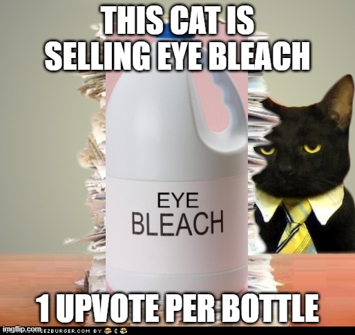 Business Cat | THIS CAT IS SELLING EYE BLEACH; 1 UPVOTE PER BOTTLE | image tagged in business cat | made w/ Imgflip meme maker