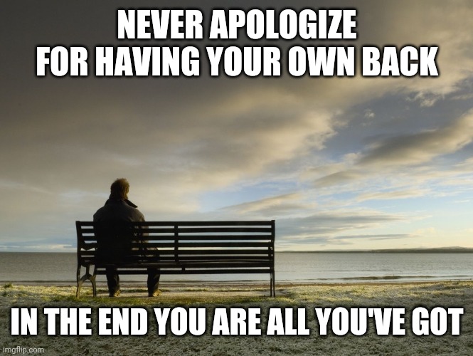 Alone | NEVER APOLOGIZE FOR HAVING YOUR OWN BACK; IN THE END YOU ARE ALL YOU'VE GOT | image tagged in alone | made w/ Imgflip meme maker
