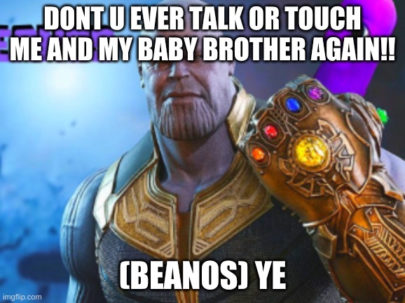 big broother | DONT U EVER TALK OR TOUCH ME AND MY BABY BROTHER AGAIN!! (BEANOS) YE | image tagged in meme | made w/ Imgflip meme maker