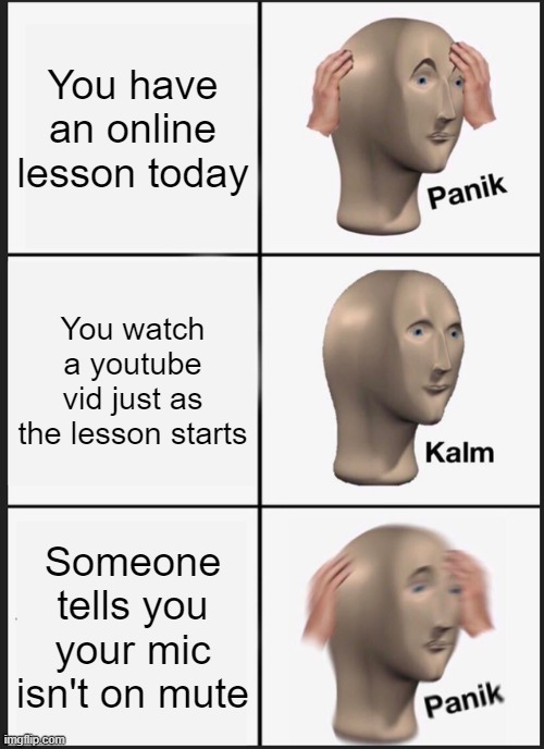 I'm screwed | You have an online lesson today; You watch a youtube vid just as the lesson starts; Someone tells you your mic isn't on mute | image tagged in memes,panik kalm panik,school,online school,meme man,youtube | made w/ Imgflip meme maker