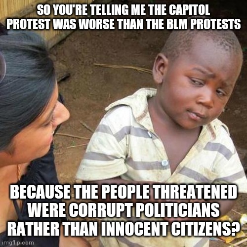 Third World Skeptical Kid | SO YOU'RE TELLING ME THE CAPITOL PROTEST WAS WORSE THAN THE BLM PROTESTS; BECAUSE THE PEOPLE THREATENED WERE CORRUPT POLITICIANS RATHER THAN INNOCENT CITIZENS? | image tagged in memes,third world skeptical kid | made w/ Imgflip meme maker