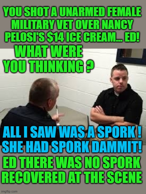 yep | YOU SHOT A UNARMED FEMALE MILITARY VET OVER NANCY PELOSI'S $14 ICE CREAM... ED! WHAT WERE YOU THINKING ? ALL I SAW WAS A SPORK ! SHE HAD SPORK DAMMIT! ED THERE WAS NO SPORK RECOVERED AT THE SCENE | image tagged in nancy pelosi,ice cream,social justice | made w/ Imgflip meme maker