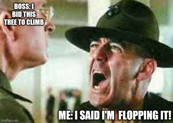 drill sergeant yelling | BOSS: I BID THIS TREE TO CLIMB; ME: I SAID I'M  FLOPPING IT! | image tagged in tree | made w/ Imgflip meme maker