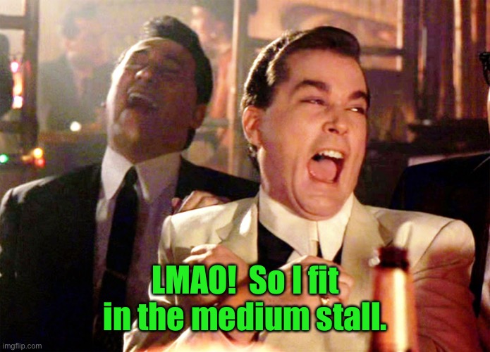 Good Fellas Hilarious Meme | LMAO!  So I fit in the medium stall. | image tagged in memes,good fellas hilarious | made w/ Imgflip meme maker