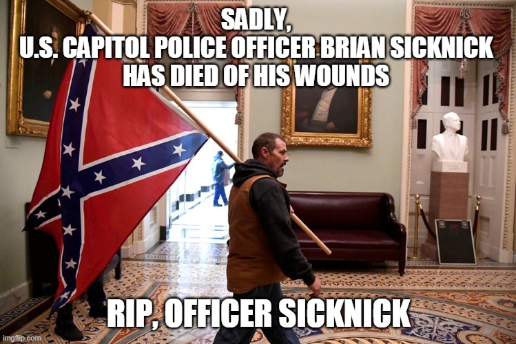 RIP Officer Sicknick | SADLY, 
U.S. CAPITOL POLICE OFFICER BRIAN SICKNICK 
HAS DIED OF HIS WOUNDS; RIP, OFFICER SICKNICK | image tagged in policeofficerkilled | made w/ Imgflip meme maker