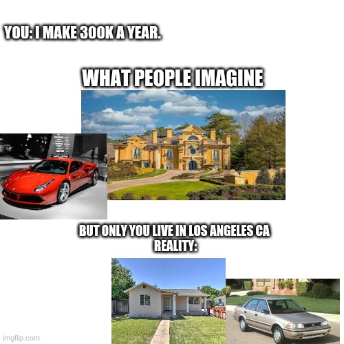 whats so special about a 300k salary? | YOU: I MAKE 300K A YEAR. WHAT PEOPLE IMAGINE; BUT ONLY YOU LIVE IN LOS ANGELES CA 
REALITY: | image tagged in blank,salary | made w/ Imgflip meme maker