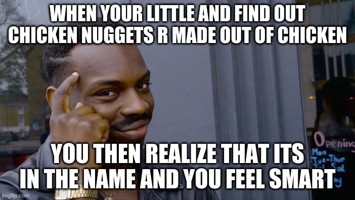 Roll Safe Think About It | WHEN YOUR LITTLE AND FIND OUT CHICKEN NUGGETS R MADE OUT OF CHICKEN; YOU THEN REALIZE THAT ITS IN THE NAME AND YOU FEEL SMART | image tagged in memes,roll safe think about it | made w/ Imgflip meme maker