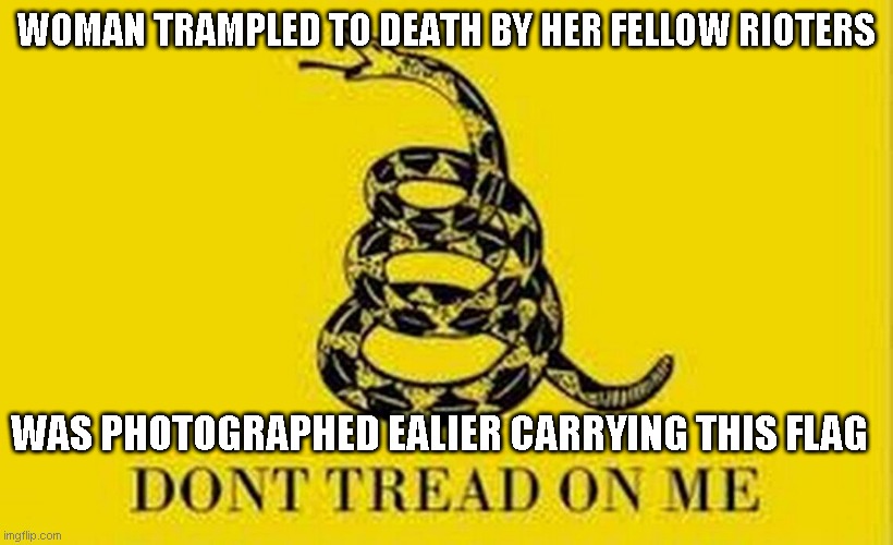 It seems fate has a sense of irony | WOMAN TRAMPLED TO DEATH BY HER FELLOW RIOTERS; WAS PHOTOGRAPHED EALIER CARRYING THIS FLAG | image tagged in colonial flag | made w/ Imgflip meme maker