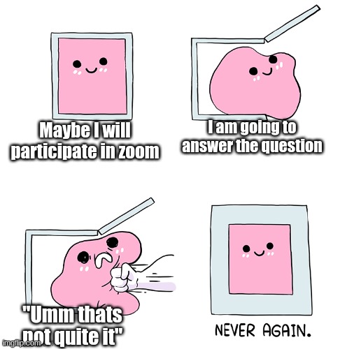 I HATE ZOOM | I am going to answer the question; Maybe I will participate in zoom; "Umm thats not quite it" | image tagged in pink blob in the box | made w/ Imgflip meme maker