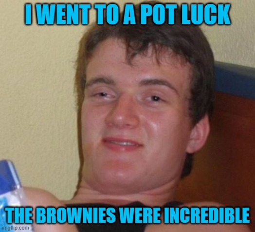 10 Guy Meme | I WENT TO A POT LUCK; THE BROWNIES WERE INCREDIBLE | image tagged in memes,10 guy | made w/ Imgflip meme maker