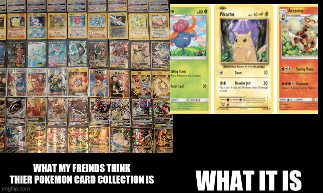 Pokemon yess | WHAT IT IS; WHAT MY FREINDS THINK THIER POKEMON CARD COLLECTION IS | image tagged in memes | made w/ Imgflip meme maker