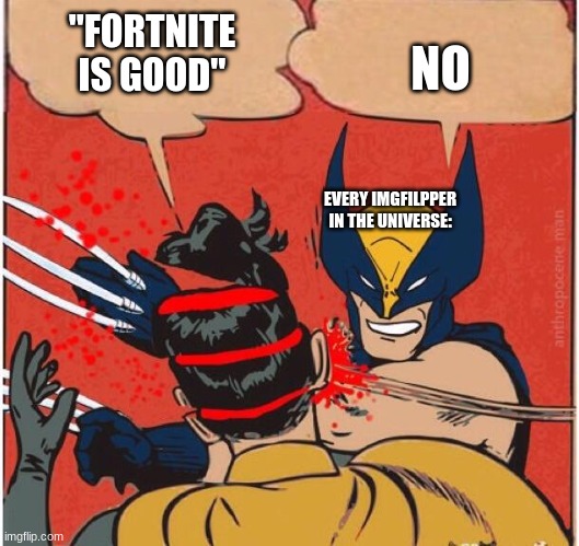 Wolverine Killing Robin | NO; "FORTNITE IS GOOD"; EVERY IMGFILPPER IN THE UNIVERSE: | image tagged in wolverine killing robin | made w/ Imgflip meme maker