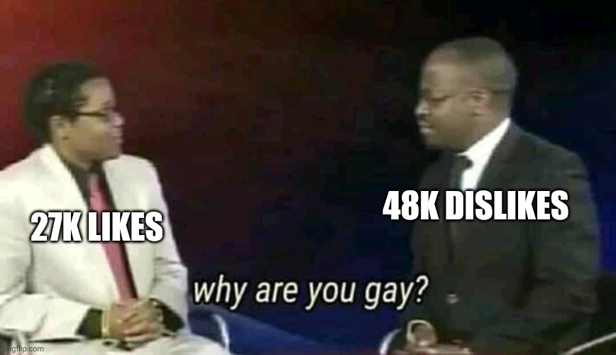 Why are you gay? | 48K DISLIKES 27K LIKES | image tagged in why are you gay | made w/ Imgflip meme maker