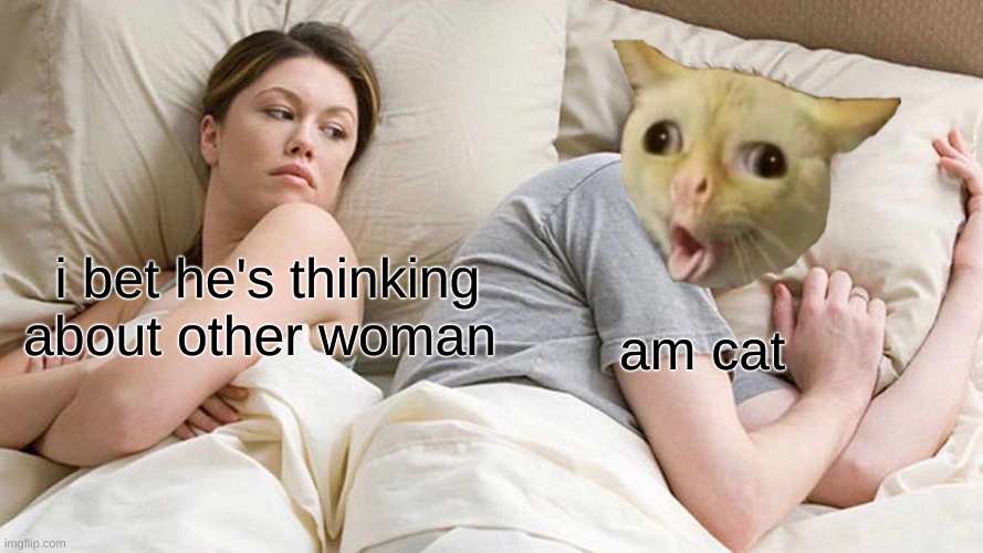 i made this a while ago i know its bad but its my first meme i've ever made | i bet he's thinking about other woman; am cat | image tagged in memes,i bet he's thinking about other women | made w/ Imgflip meme maker