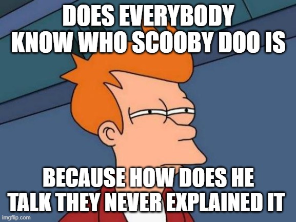 how how | DOES EVERYBODY KNOW WHO SCOOBY DOO IS; BECAUSE HOW DOES HE TALK THEY NEVER EXPLAINED IT | image tagged in memes,futurama fry | made w/ Imgflip meme maker