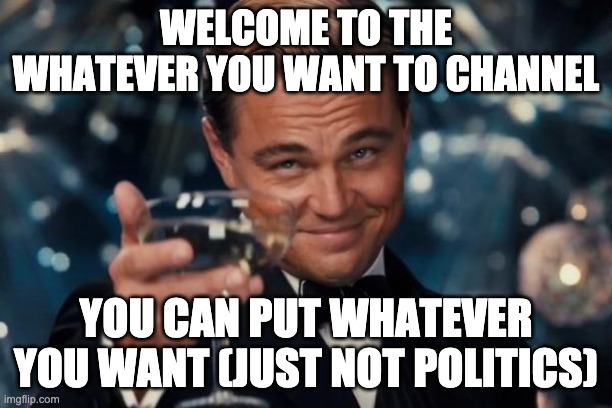 Leonardo Dicaprio Cheers Meme | WELCOME TO THE WHATEVER YOU WANT TO CHANNEL; YOU CAN PUT WHATEVER YOU WANT (JUST NOT POLITICS) | image tagged in memes,leonardo dicaprio cheers | made w/ Imgflip meme maker