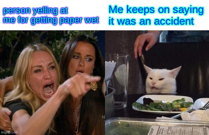 Mistakes | person yelling at me for getting paper wet; Me keeps on saying it was an accident | image tagged in memes,woman yelling at cat | made w/ Imgflip meme maker