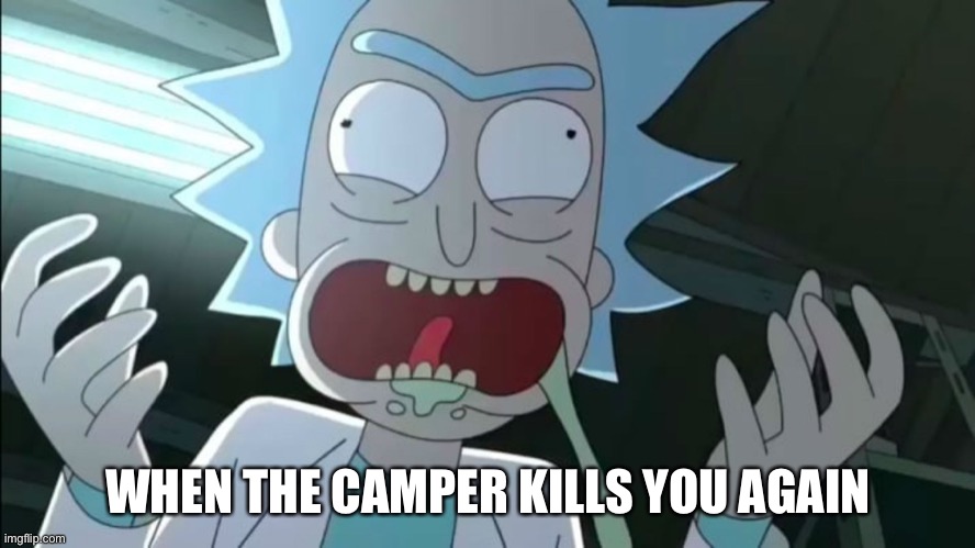 Campers cause conniptions | WHEN THE CAMPER KILLS YOU AGAIN | image tagged in rick morty season 3 | made w/ Imgflip meme maker