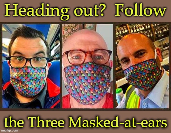 Three Masked-at-ears | Heading out?  Follow; the Three Masked-at-ears | image tagged in healthcare,coronavirus,face mask,masks,germs,virus | made w/ Imgflip meme maker