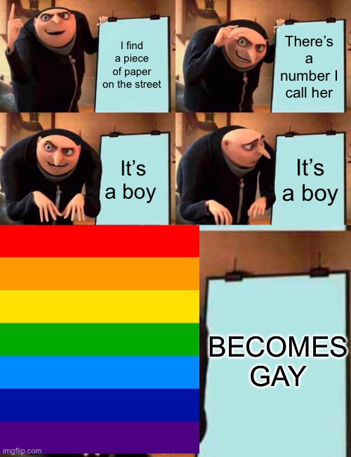 Gru | I find a piece of paper on the street; There’s a number I call her; It’s a boy; It’s a boy; BECOMES GAY | image tagged in memes,gru's plan,gay pride,phone number | made w/ Imgflip meme maker