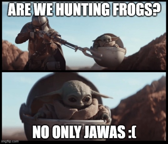 Baby Yoda | ARE WE HUNTING FROGS? NO ONLY JAWAS :( | image tagged in baby yoda | made w/ Imgflip meme maker