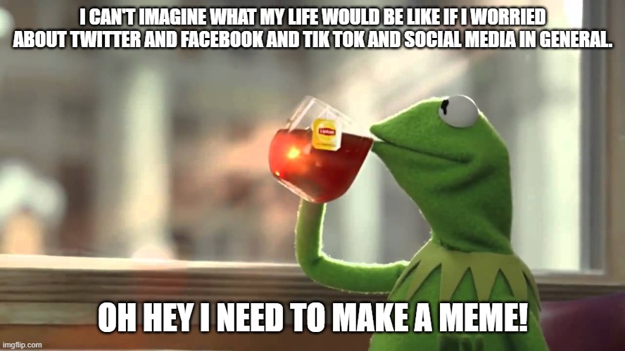 I am a hypocritical frog. | I CAN'T IMAGINE WHAT MY LIFE WOULD BE LIKE IF I WORRIED ABOUT TWITTER AND FACEBOOK AND TIK TOK AND SOCIAL MEDIA IN GENERAL. OH HEY I NEED TO MAKE A MEME! | image tagged in work hard | made w/ Imgflip meme maker