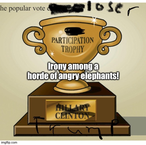 2020 Participation Trophy | Irony among a horde of angry elephants! | image tagged in donald trump,hillary clinton,participation trophy | made w/ Imgflip meme maker