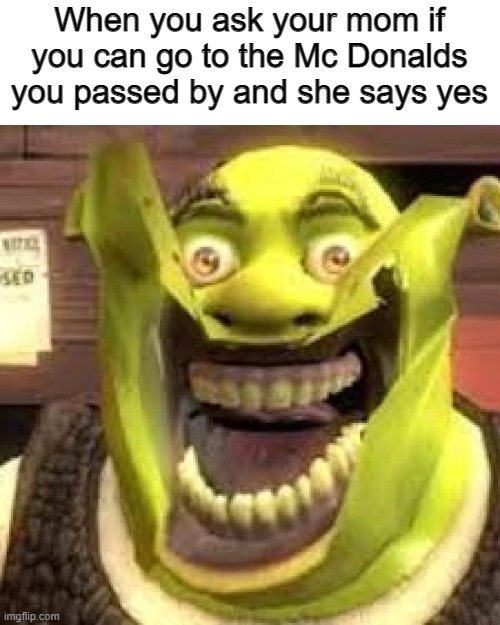 YAY | When you ask your mom if you can go to the Mc Donalds you passed by and she says yes | image tagged in happy shrek,fast food | made w/ Imgflip meme maker