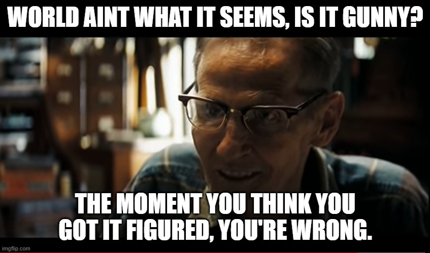 World ain't what it seems | WORLD AINT WHAT IT SEEMS, IS IT GUNNY? THE MOMENT YOU THINK YOU GOT IT FIGURED, YOU'RE WRONG. | image tagged in politics,military,shooter | made w/ Imgflip meme maker