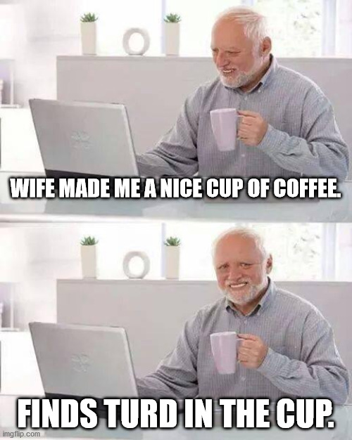 Hide the Pain Harold Meme |  WIFE MADE ME A NICE CUP OF COFFEE. FINDS TURD IN THE CUP. | image tagged in memes,hide the pain harold | made w/ Imgflip meme maker