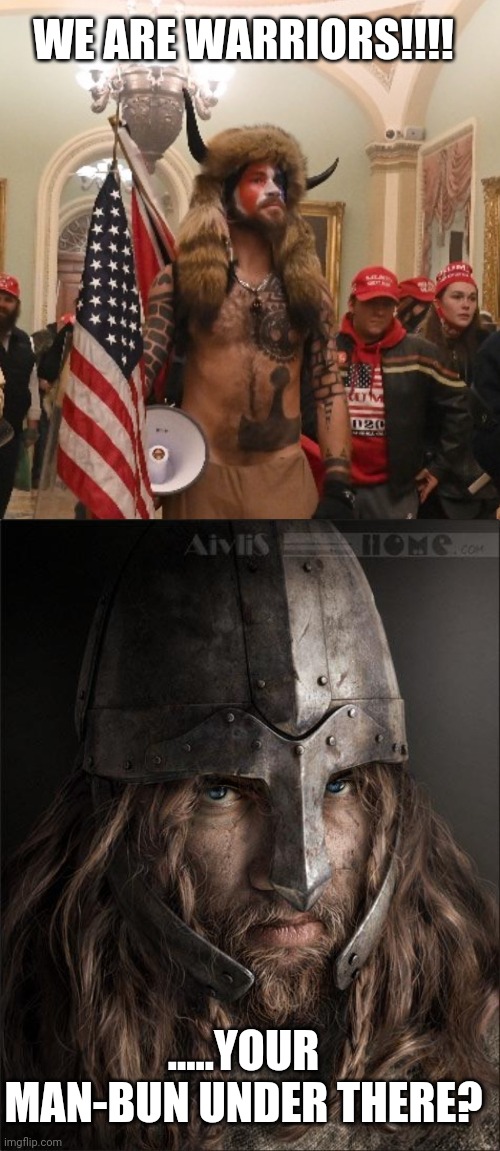 The Millenial Saga | WE ARE WARRIORS!!!! .....YOUR MAN-BUN UNDER THERE? | image tagged in capitol hill rioter,viking | made w/ Imgflip meme maker
