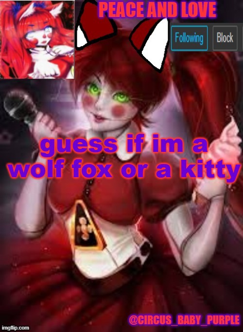 fun fact: ive wore my ____ ears all day today | guess if im a wolf fox or a kitty | image tagged in circus baby furry style | made w/ Imgflip meme maker
