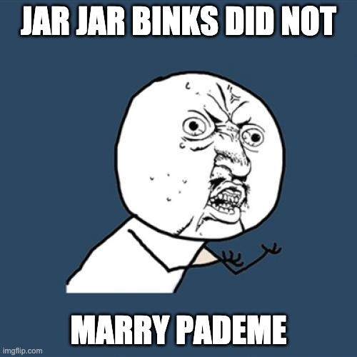 Explaing starwars to my grandma | JAR JAR BINKS DID NOT; MARRY PADEME | image tagged in memes,y u no | made w/ Imgflip meme maker