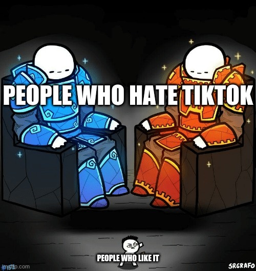you aren't supposed to like it | PEOPLE WHO HATE TIKTOK; PEOPLE WHO LIKE IT | image tagged in srgrafo 152,why tiktok exist,eeeeeeeeeeeeeeeeeeeeeeeee,e,memes | made w/ Imgflip meme maker