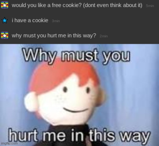 send help | image tagged in why must you hurt me in this way | made w/ Imgflip meme maker