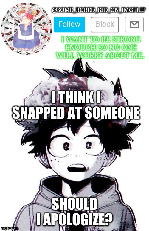I just wanted them to know that they where being a little mean- ( ; - ; ) | I THINK I SNAPPED AT SOMEONE; SHOULD I APOLOGIZE? | image tagged in some_bored_kid_on_imgflip _ _ | made w/ Imgflip meme maker
