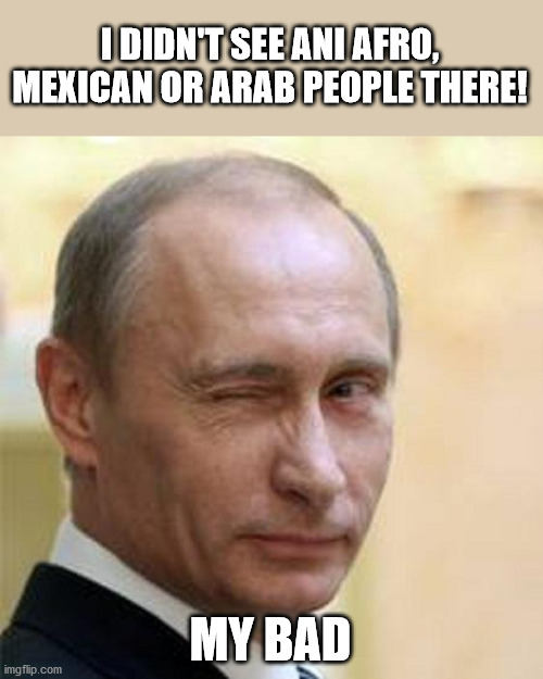 Putin Winking | I DIDN'T SEE ANI AFRO, MEXICAN OR ARAB PEOPLE THERE! MY BAD | image tagged in putin winking | made w/ Imgflip meme maker
