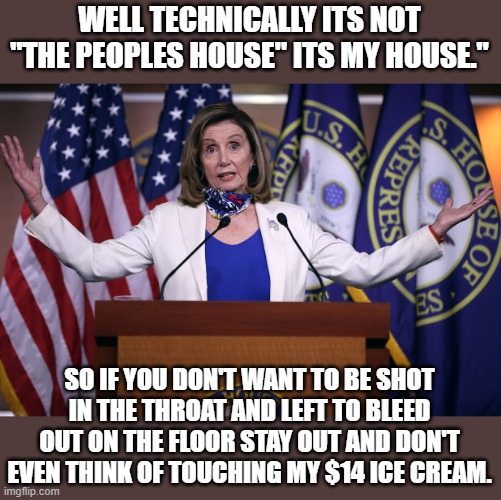 yep | WELL TECHNICALLY ITS NOT "THE PEOPLES HOUSE" ITS MY HOUSE."; SO IF YOU DON'T WANT TO BE SHOT IN THE THROAT AND LEFT TO BLEED OUT ON THE FLOOR STAY OUT AND DON'T EVEN THINK OF TOUCHING MY $14 ICE CREAM. | image tagged in nancy pelosi,democrats,communism | made w/ Imgflip meme maker