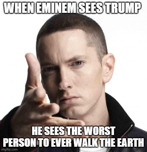 Eminem video game logic | WHEN EMINEM SEES TRUMP; HE SEES THE WORST PERSON TO EVER WALK THE EARTH | image tagged in eminem video game logic | made w/ Imgflip meme maker