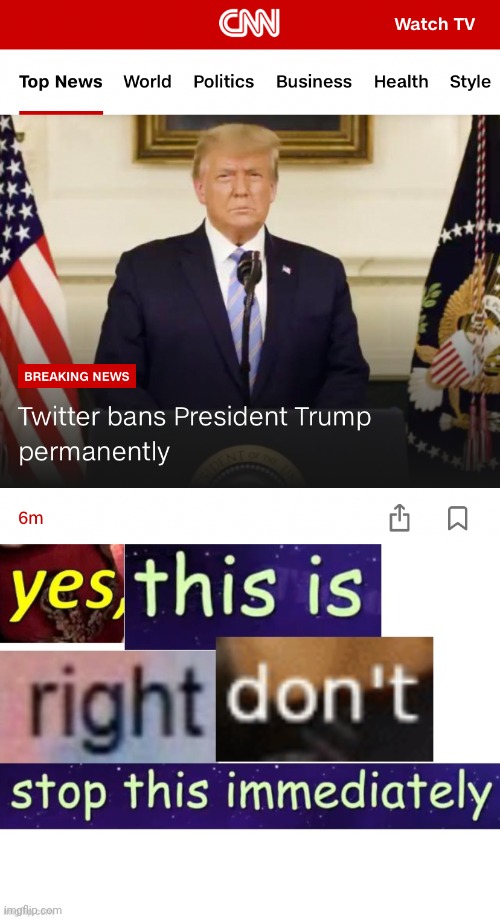 image tagged in twitter bans trump permanently,yes this is right don't stop this immediately crossover | made w/ Imgflip meme maker