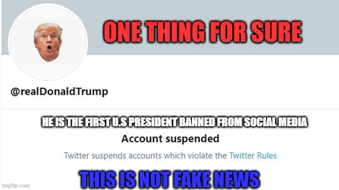NOT A FAKE news bulletin THE REAL DEAL | ONE THING FOR SURE; HE IS THE FIRST U.S PRESIDENT BANNED FROM SOCIAL MEDIA; THIS IS NOT FAKE NEWS | image tagged in socail media bans trump | made w/ Imgflip meme maker